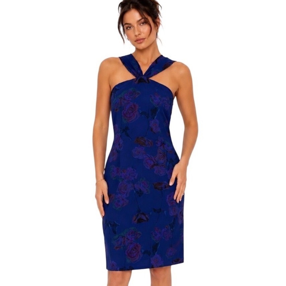 Laura Ashley 100% Silk Floral Midi Dress Blue Purple Roses US 8 Vintage Inspired